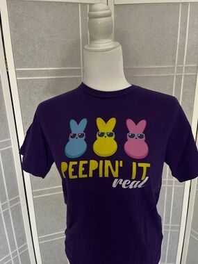 Port and Company Purple Kids Tee with Blue, Yellow, and Pink Peeps Graphic